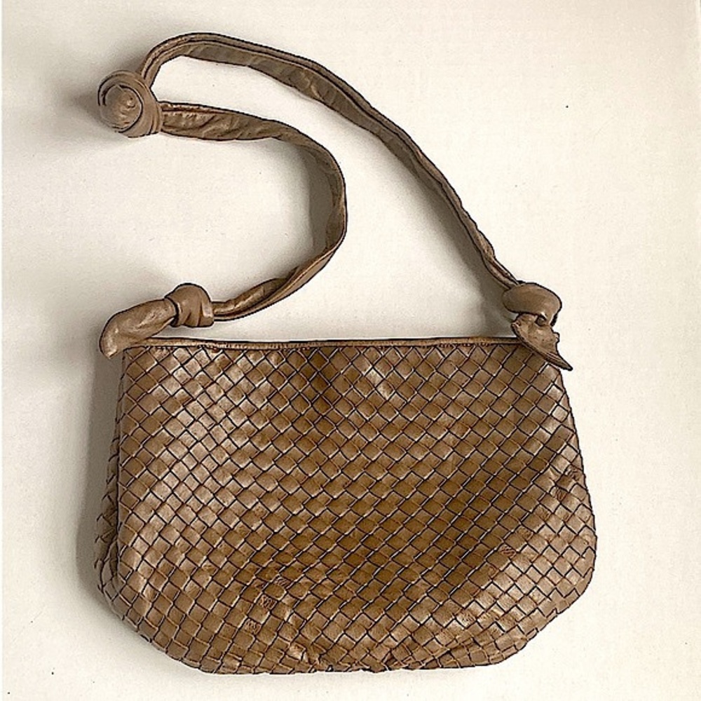 Vtg Woven Leather Purse Vintage Shoulder Bag Crossbody Intrecciato Tan Brown - Picture 2 of 8